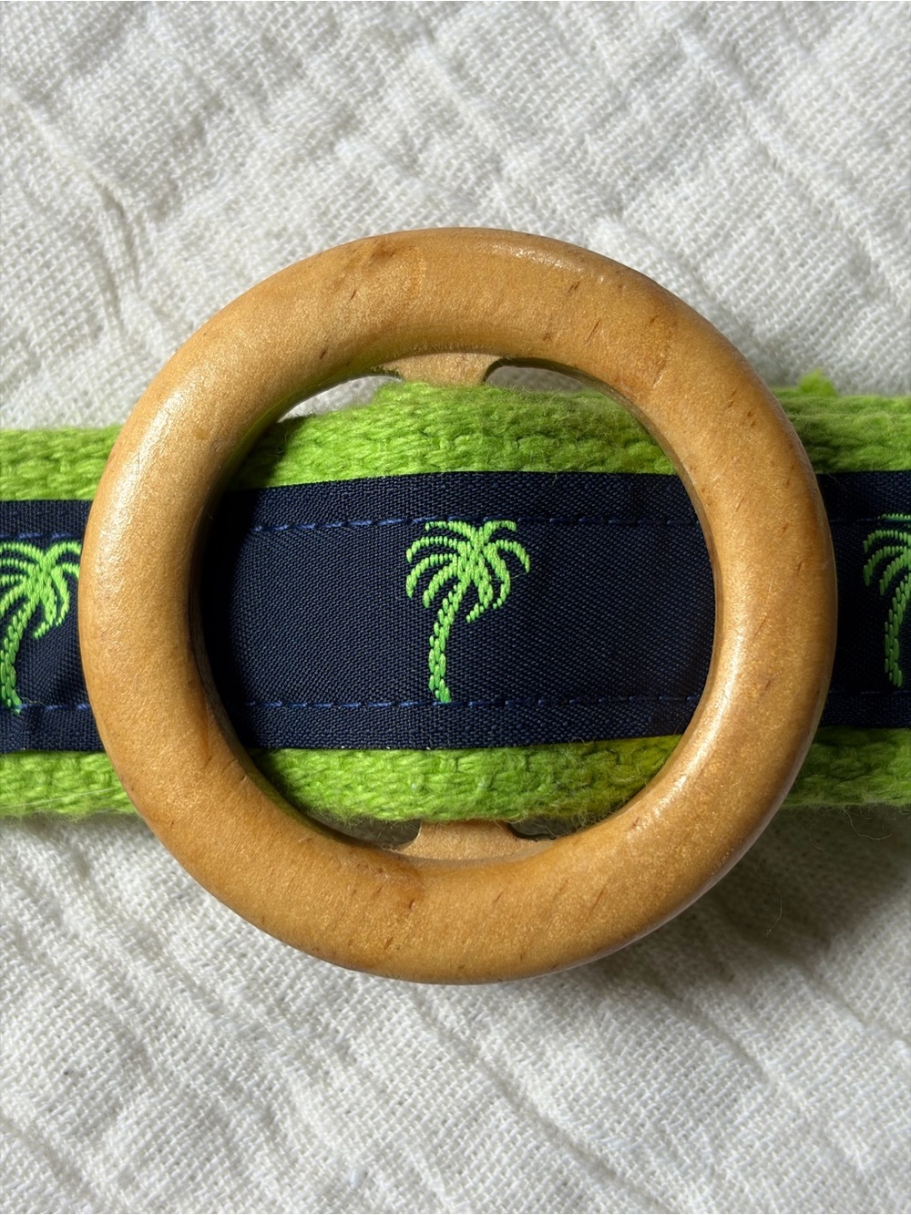 Palm Tree Ribbon Belt | Lime Green Canvas & Wood Ring Buckle | up to 44”